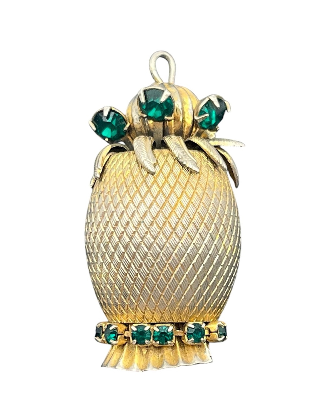 Gold tone pineapple tropical fruit pendant for necklace green rhinestone vintage